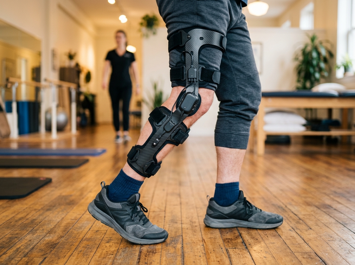 Close-up of a modern carbon-fiber microprocessor knee orthosis on a patient's leg mid-stride inside a physical therapy clinic