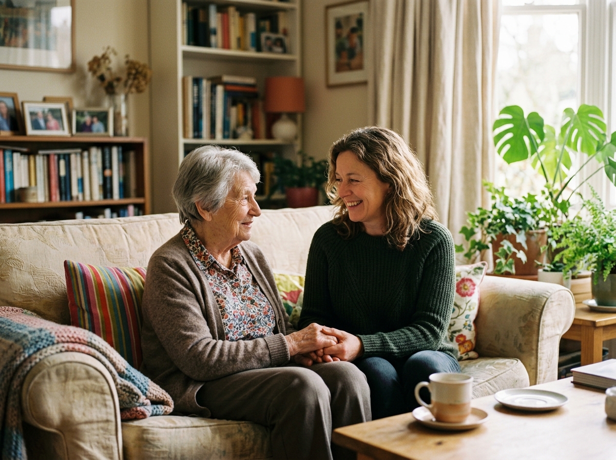 A patient and family member sharing a happy, smiling conversation in a warm, daylight-filled room