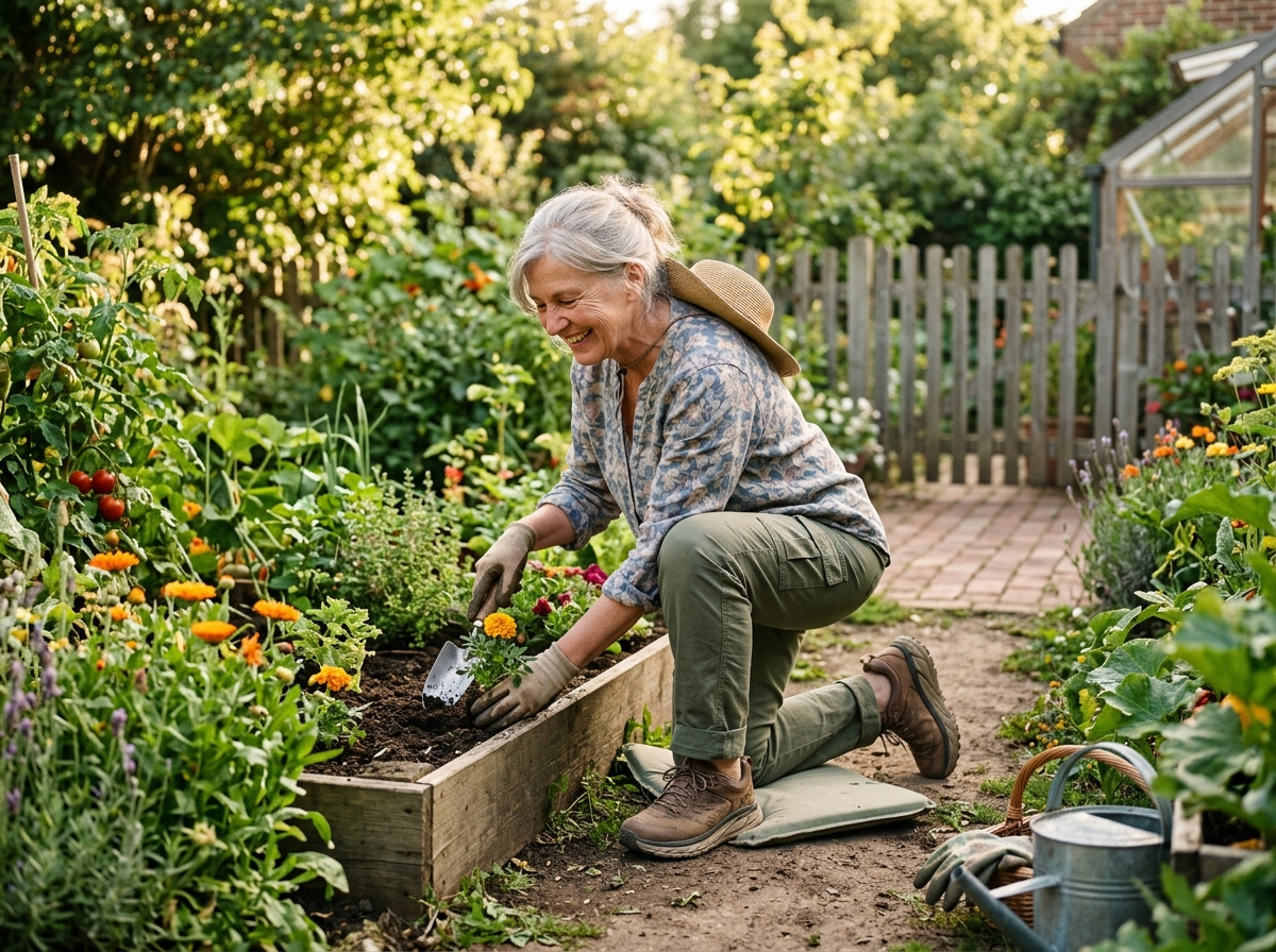 Older individual happily gardening in a sunlit outdoor area with complete independence