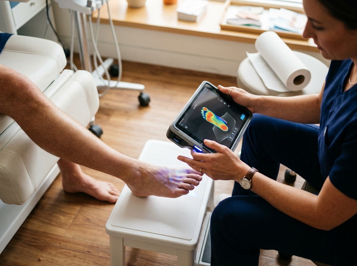 Clinician using a modern precision tablet interface to adjust custom fitted medical equipment structure